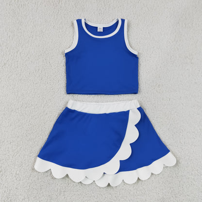 RTS NO MOQ yoga GSD4023 Baby Girls Sleeveless Blue White Vest Scallop Skirt Short Yoga Active Clothes Set