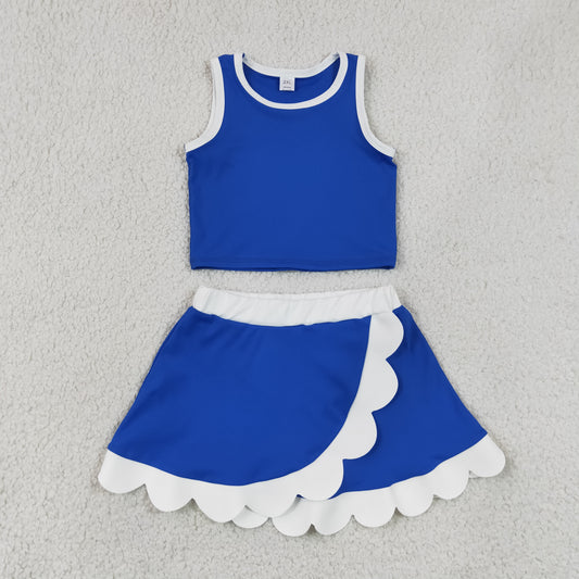 RTS NO MOQ yoga GSD4023 Baby Girls Sleeveless Blue White Vest Scallop Skirt Short Yoga Active Clothes Set