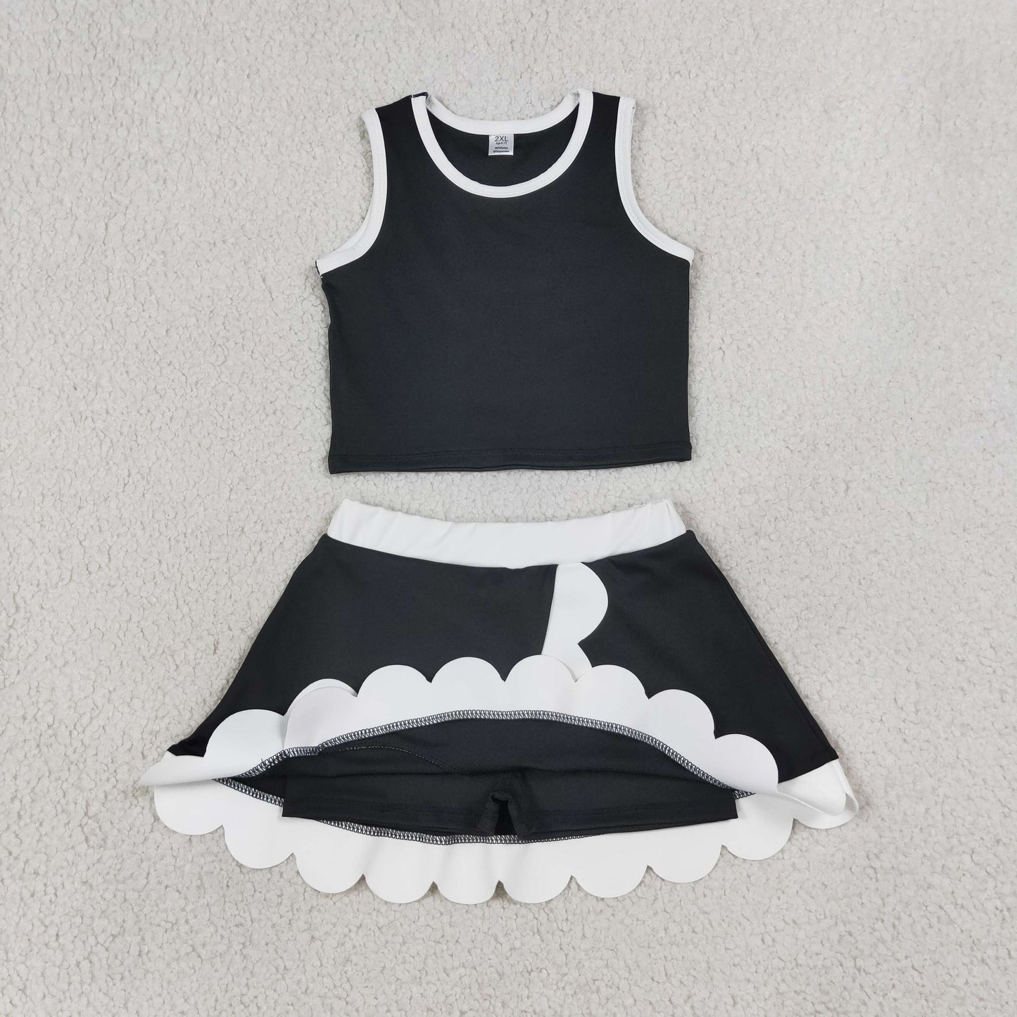 NEW RTS NO MOQ yoga fabric cotton GSD4029 Toddler Girls Black Sleeveless Vest Scallop Hem Skort Sport Set