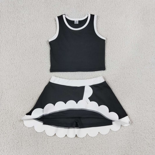 NEW RTS NO MOQ yoga fabric cotton GSD4029 Toddler Girls Black Sleeveless Vest Scallop Hem Skort Sport Set