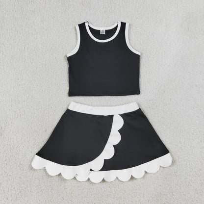 NEW RTS NO MOQ yoga fabric cotton GSD4029 Toddler Girls Black Sleeveless Vest Scallop Hem Skort Sport Set