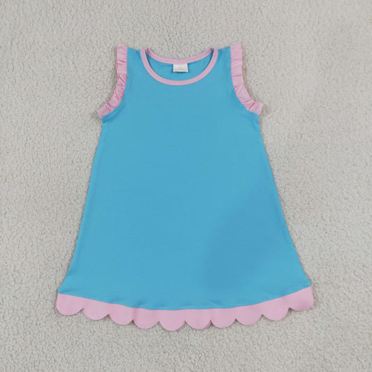 NEW RTS NO MOQ cotton GSD4045 Baby Girls Pink Blue Sleeveless Scallop Edge Knee Length Casual Dresses
