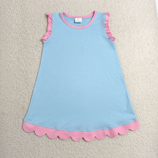 RTS NO MOQ milk silk GSD4048 Baby Girls Pink Blue Sleeveless Scallop Knee Length Dresses