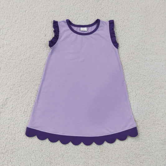 RTS NO MOQ cotton GSD4051 Kids Girls Purple Sleeveless Solid Scallop Knee Length Dress