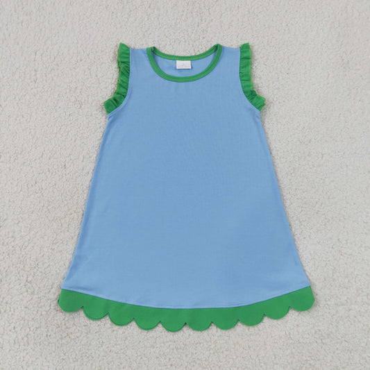 NEW RTS NO MOQ cotton GSD4060 Baby Girls Green Blue Sleeveless Scallop Knee Length Dresses