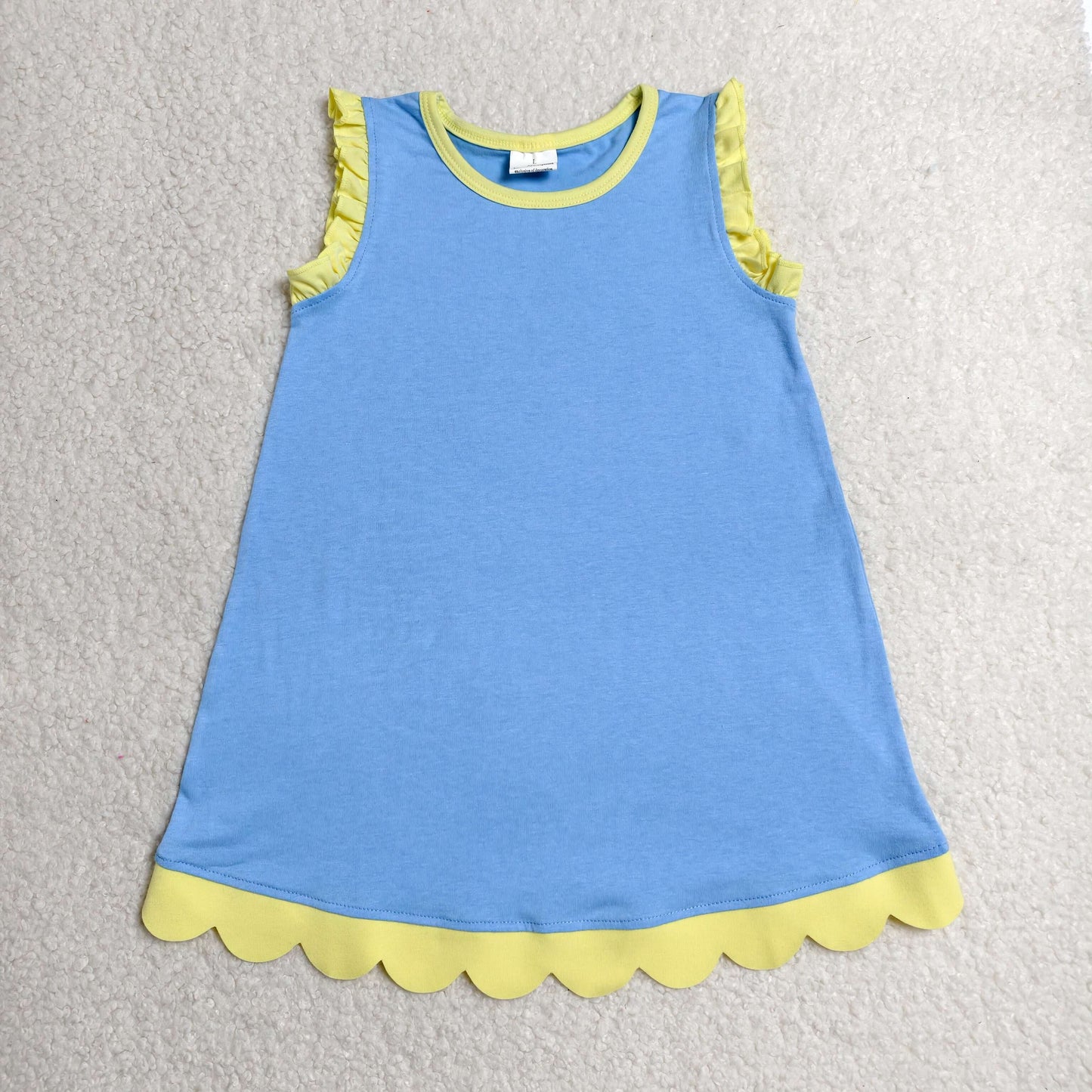 RTS NO MOQ milk silk GSD4061 Baby Girls Blue Yellow Sleeveless Scallop Knee Length Dresses