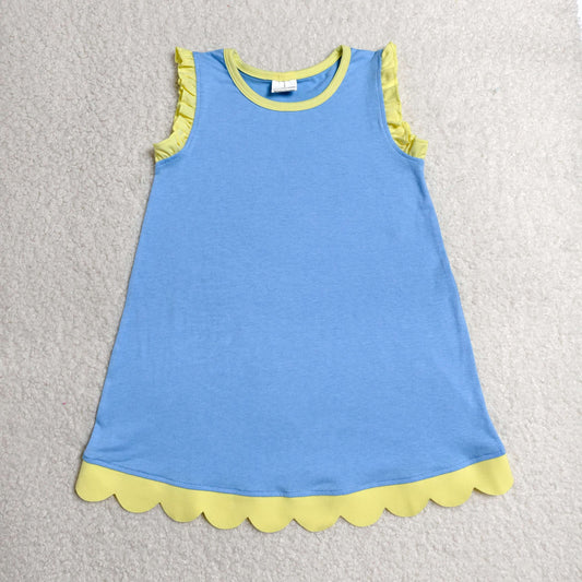 RTS NO MOQ milk silk GSD4061 Baby Girls Blue Yellow Sleeveless Scallop Knee Length Dresses