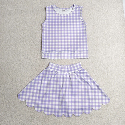 RTS NO MOQ Yoga GSD4067 Baby Girls Lavender Checked Vest Scallop Skirt Short Yoga Active Clothes Set