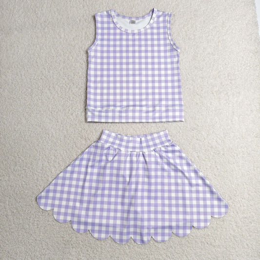 RTS NO MOQ Yoga GSD4067 Baby Girls Lavender Checked Vest Scallop Skirt Short Yoga Active Clothes Set