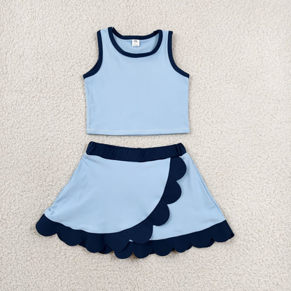 Baby Girls Blue Navy Vest Scallop Skirt Short Yoga Active Clothes Set
