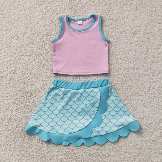 NEW RTS NO MOQ yoga fabric GSD4083  Baby Girls Pink Aqua Vest Scallop Yoga Skort Set