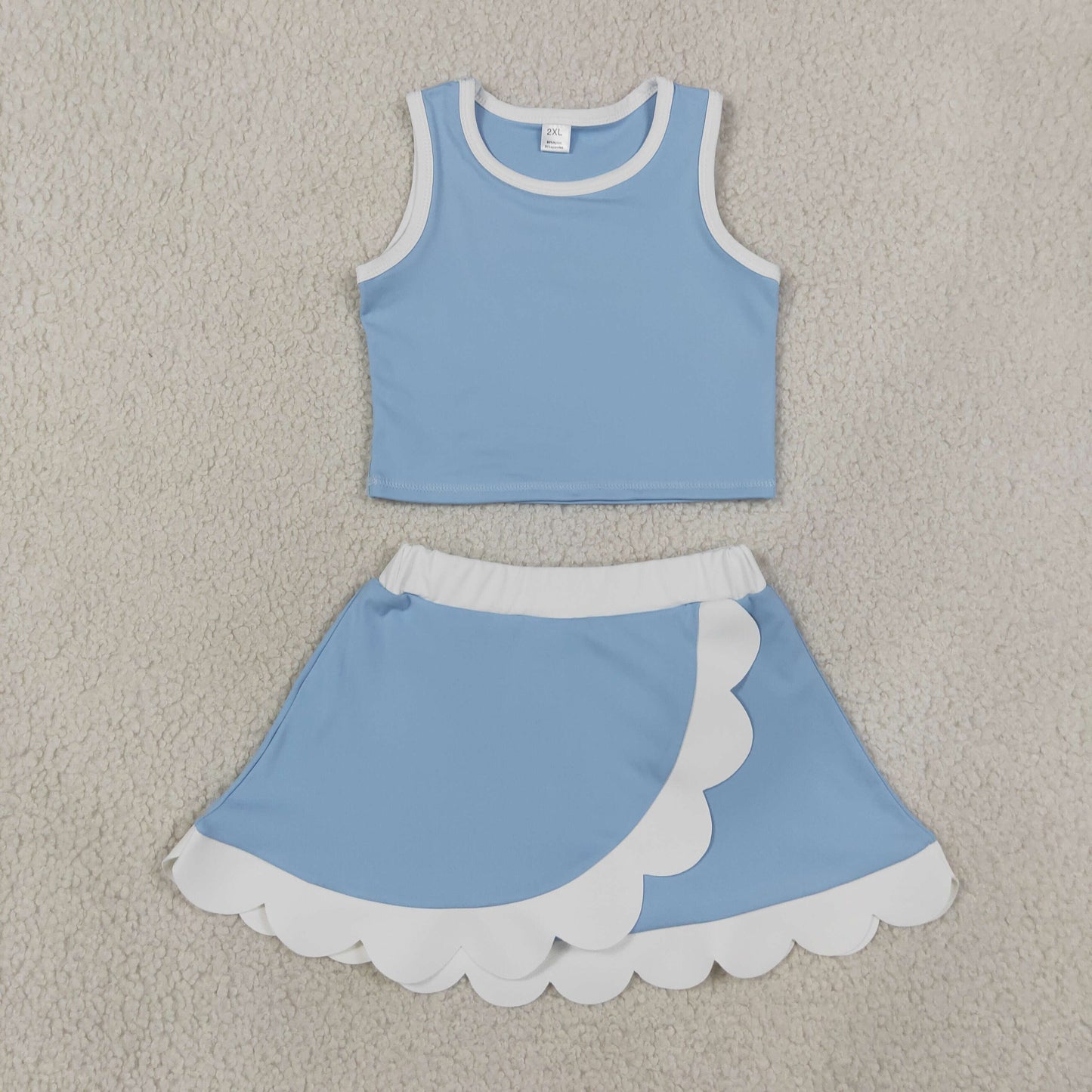 NEW RTS NO MOQ yoga fabric cotton GSD4084 Baby Girls Light Blue Scallop Trim Vest Skort Yoga Outfit