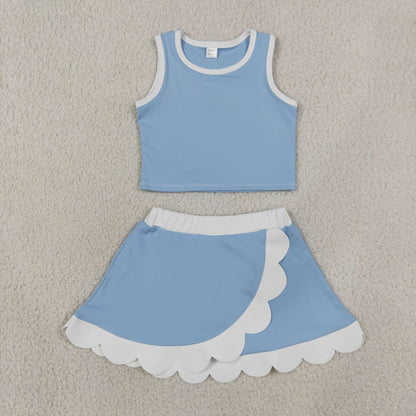 NEW RTS NO MOQ yoga fabric cotton GSD4084 Baby Girls Light Blue Scallop Trim Vest Skort Yoga Outfit