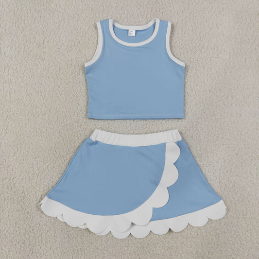 NEW RTS NO MOQ yoga fabric cotton GSD4084 Baby Girls Light Blue Scallop Trim Vest Skort Yoga Outfit