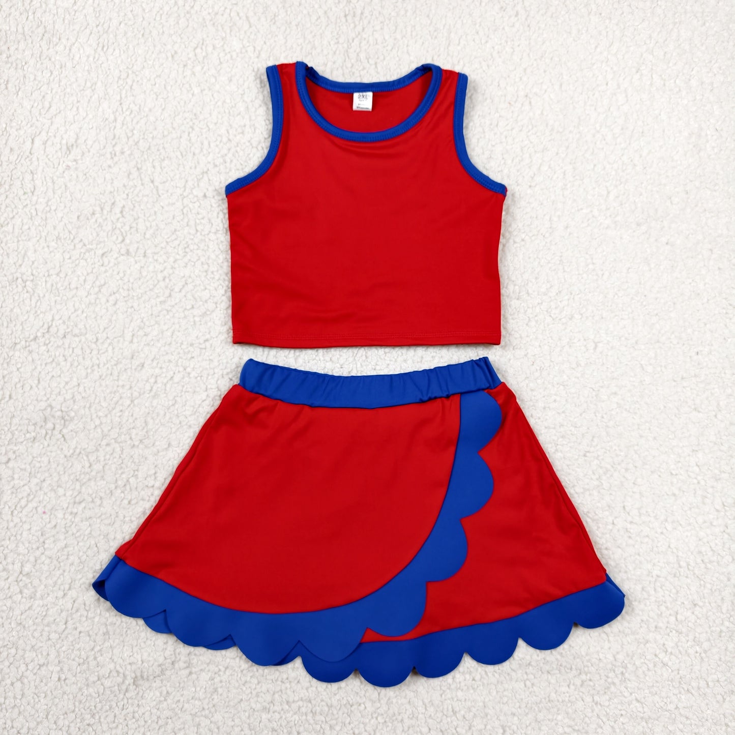 GSD4097 Baby Girls Red Hot Blue Vest Scallop Skirt Short Yoga Active Clothes Set