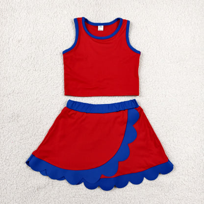 GSD4097 Baby Girls Red Hot Blue Vest Scallop Skirt Short Yoga Active Clothes Set