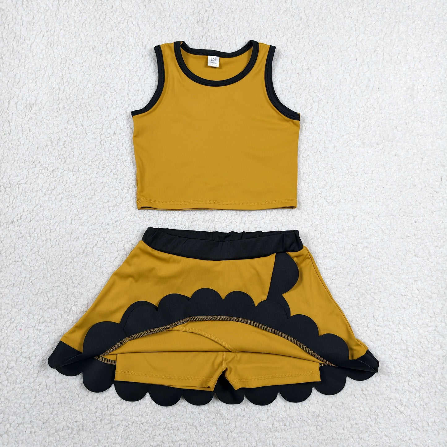 GSD4099 Baby Girls Gold Black Vest Scallop Skirt Short Yoga Active Clothes Set