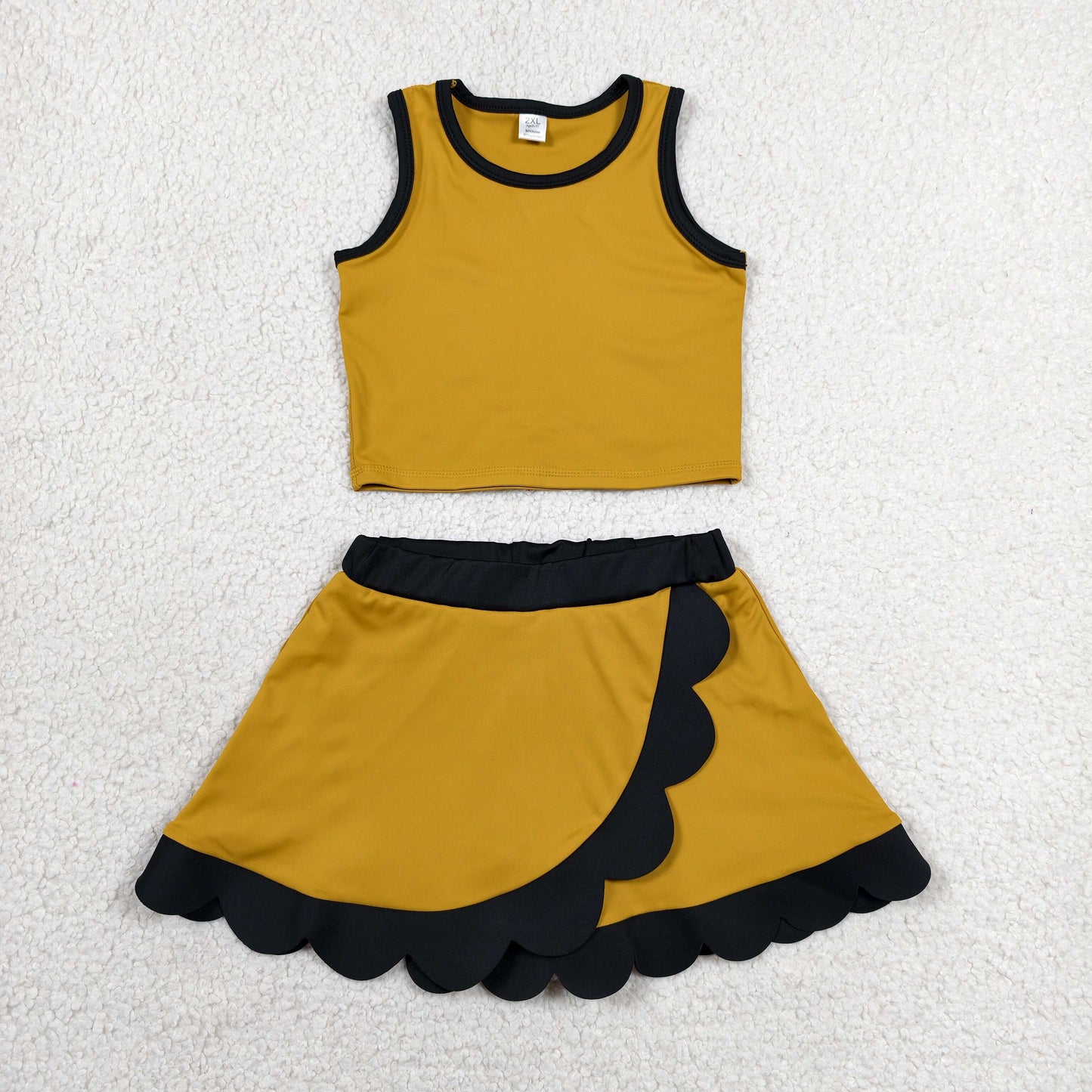 GSD4099 Baby Girls Gold Black Vest Scallop Skirt Short Yoga Active Clothes Set