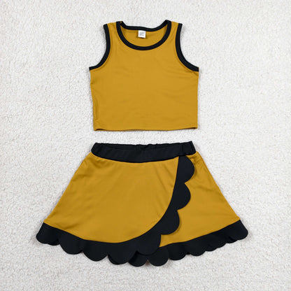 GSD4099 Baby Girls Gold Black Vest Scallop Skirt Short Yoga Active Clothes Set