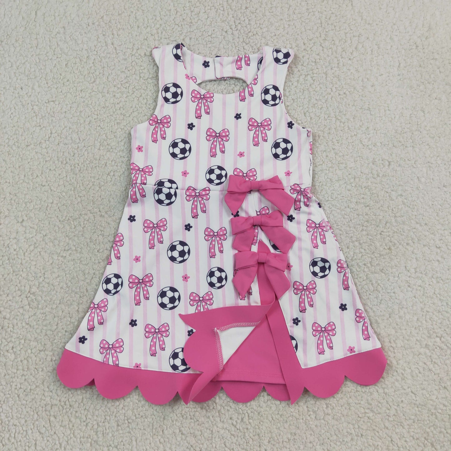 NEW RTS NO MOQ yoga fabric cotton GSD4100 Baby Girls Footballs Bows Team Yoga Active Short Scallop Knee Length Dress