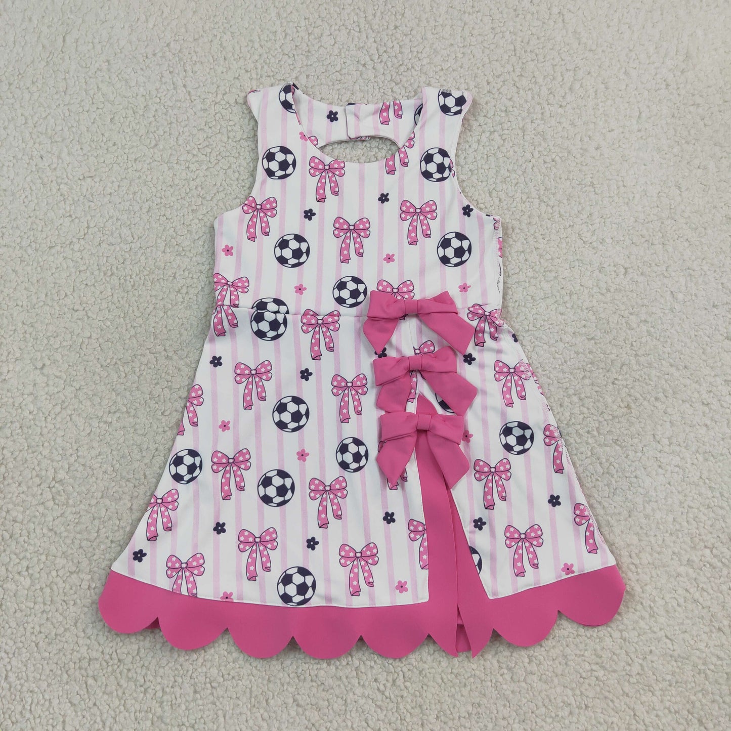 NEW RTS NO MOQ yoga fabric cotton GSD4100 Baby Girls Footballs Bows Team Yoga Active Short Scallop Knee Length Dress