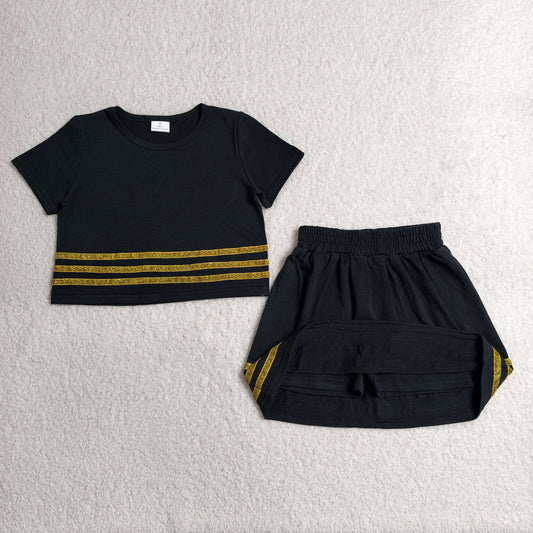 RTS NO MOQ milk silk GSD4108 Baby Girls Black Short Sleeve Gold Stripe Top Skirt Short Slouchy Clothes Sets