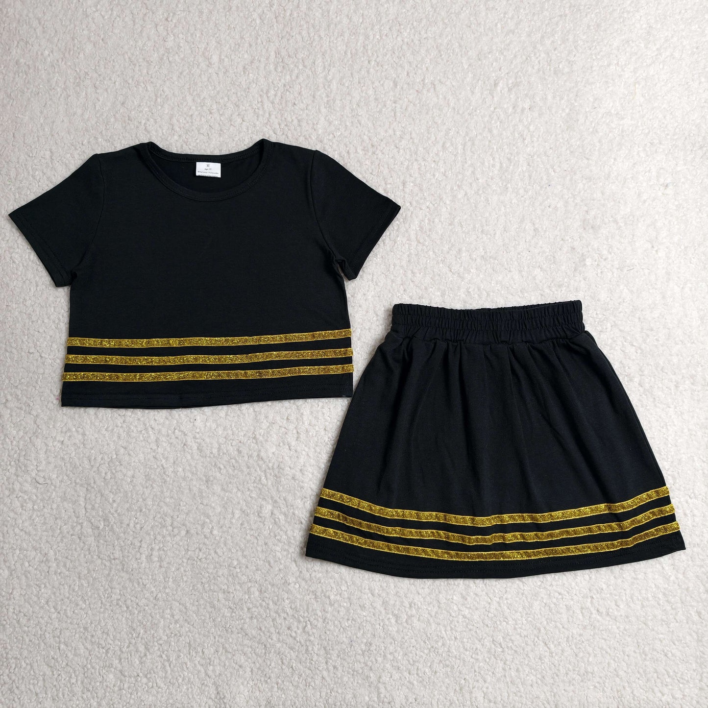 RTS NO MOQ milk silk GSD4108 Baby Girls Black Short Sleeve Gold Stripe Top Skirt Short Slouchy Clothes Sets