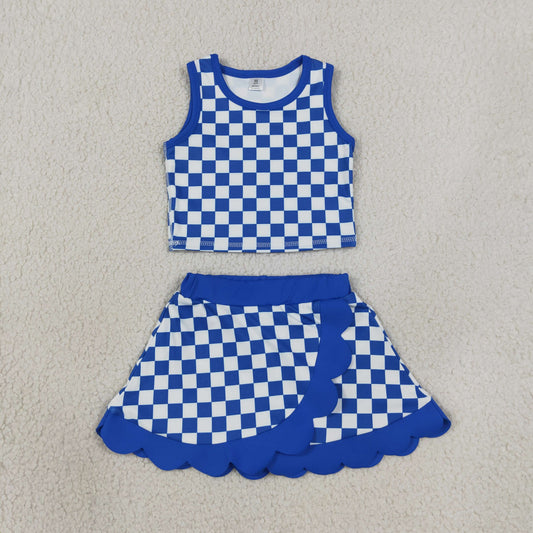 NEW RTS NO MOQ yoga fabric GSD4110 Baby Girls Hot Blue Check Sleeveless Scallop Hem Vest Skort Yoga Active Clothes Set