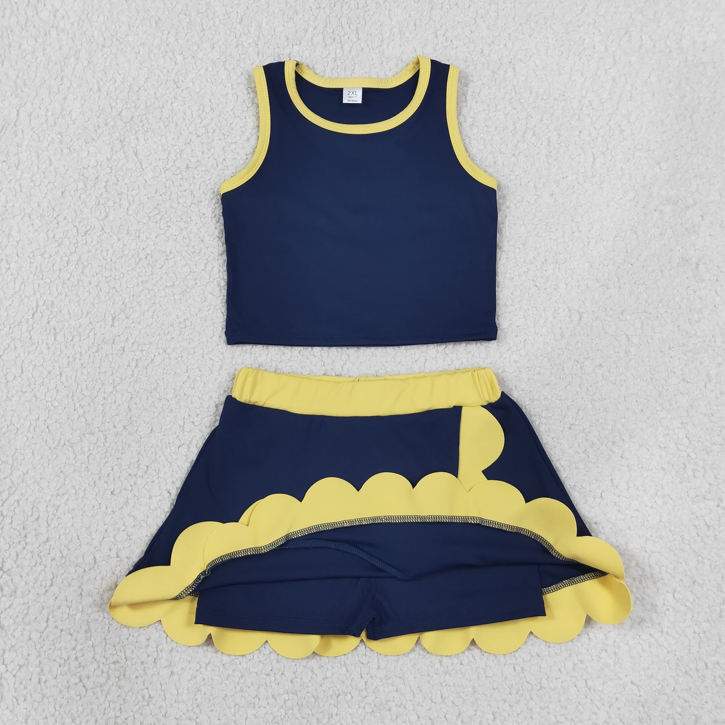 NEW RTS NO MOQ yoga fabric cotton GSD4111 Baby Girls Yellow Navy Scallop Trim Vest Skort Yoga Outfit