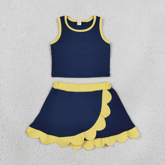 NEW RTS NO MOQ yoga fabric cotton GSD4111 Baby Girls Yellow Navy Scallop Trim Vest Skort Yoga Outfit