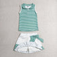 RTS NO MOQ milk silk GSD4121 Baby Girls Green Stripe Button Vest Top Ruffle Skirt Short Yoga Active Clothes Set