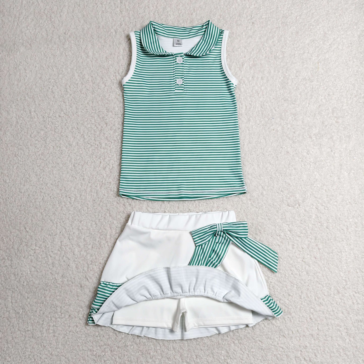 RTS NO MOQ milk silk GSD4121 Baby Girls Green Stripe Button Vest Top Ruffle Skirt Short Yoga Active Clothes Set