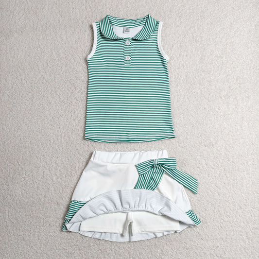 RTS NO MOQ Yoga GSD4121 Baby Girls Green Stripe Button Vest Top Ruffle Skirt Short Yoga Active Clothes Set