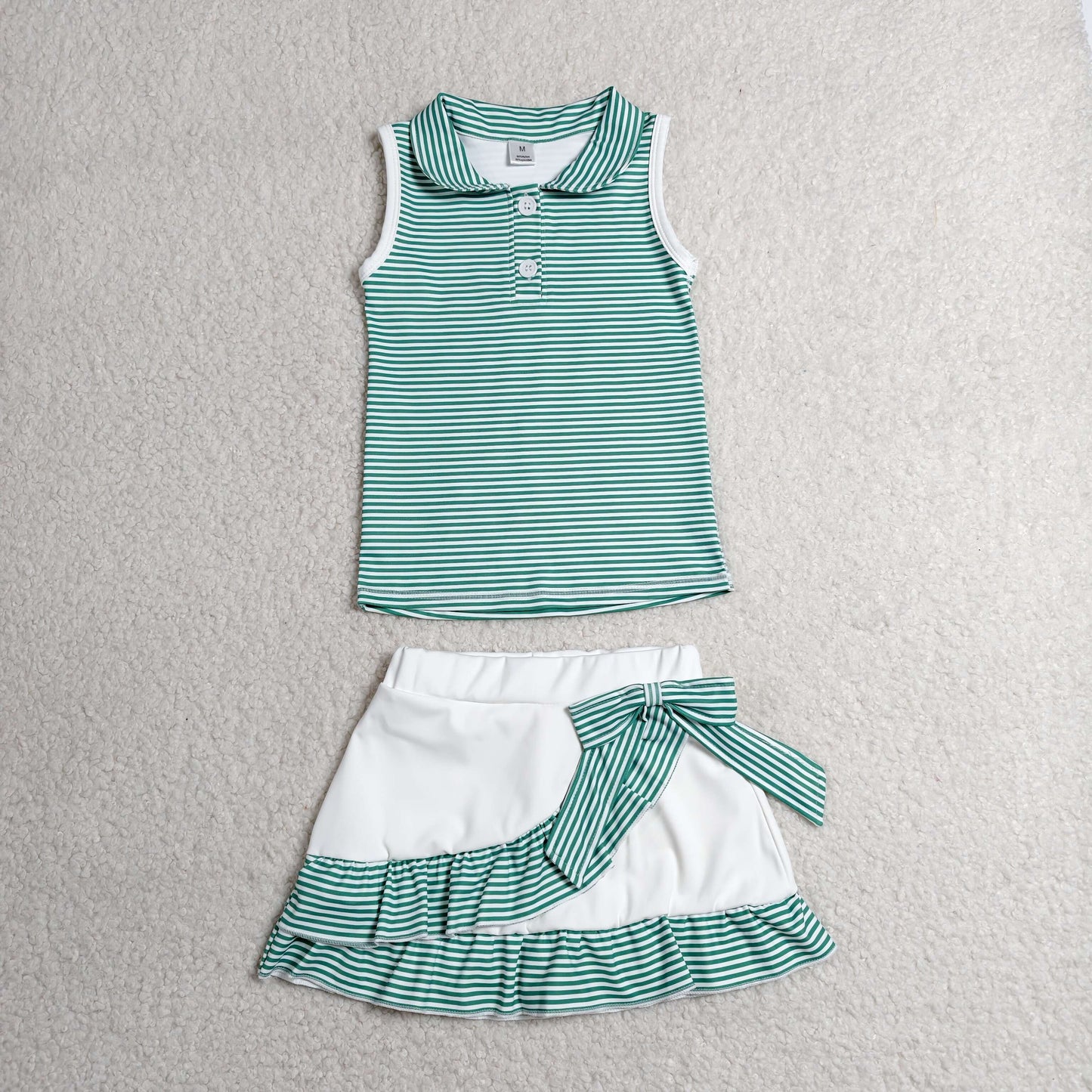 RTS NO MOQ milk silk GSD4121 Baby Girls Green Stripe Button Vest Top Ruffle Skirt Short Yoga Active Clothes Set