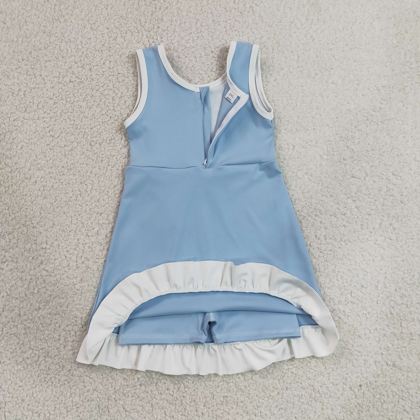 RTS NO MOQ Yoga GSD4124 Baby Girls Sleeveless Light Blue White Yoga Active Short Knee Length Dress