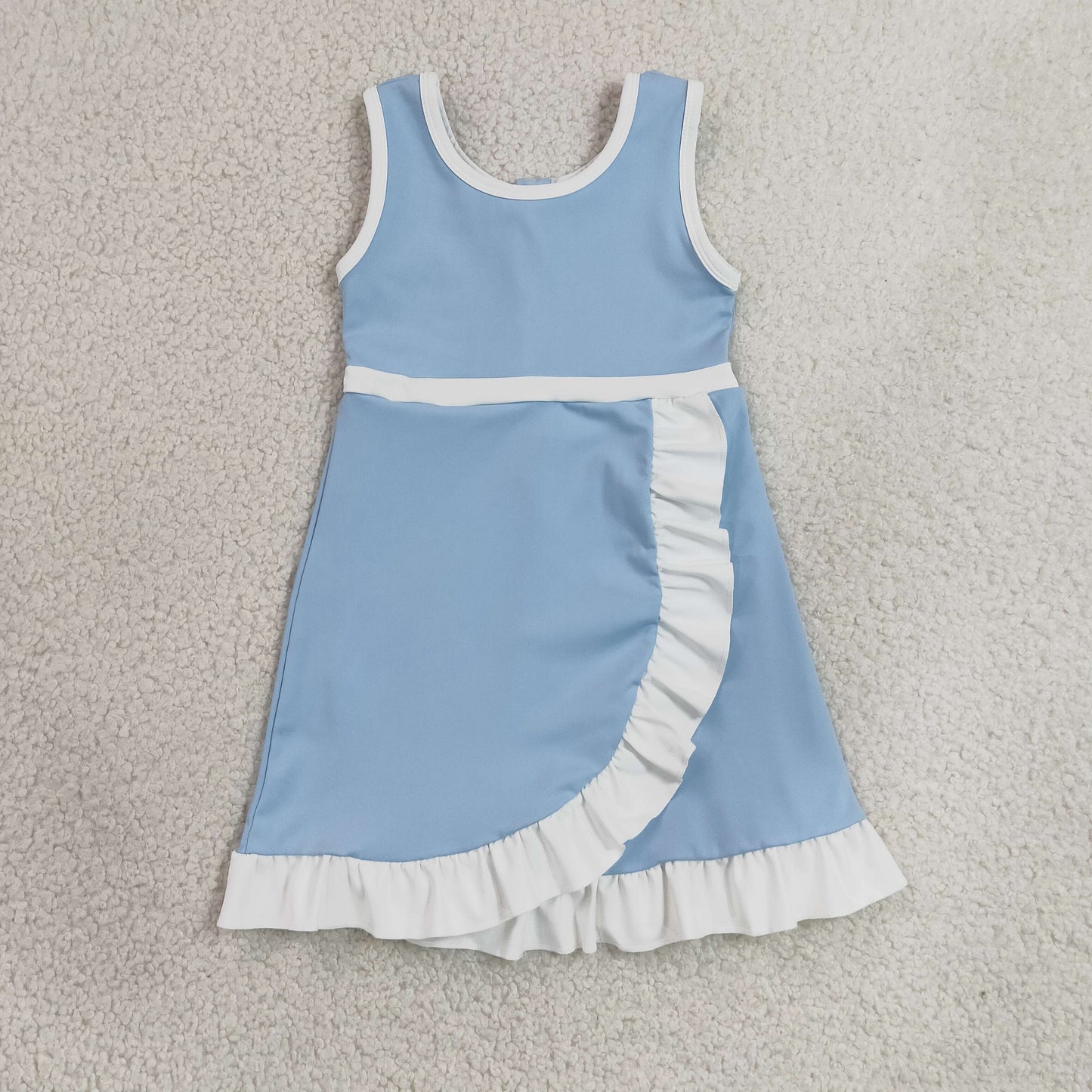 RTS NO MOQ Yoga GSD4124 Baby Girls Sleeveless Light Blue White Yoga Active Short Knee Length Dress
