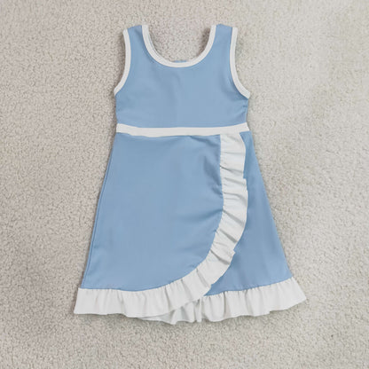 RTS NO MOQ Yoga GSD4124 Baby Girls Sleeveless Light Blue White Yoga Active Short Knee Length Dress