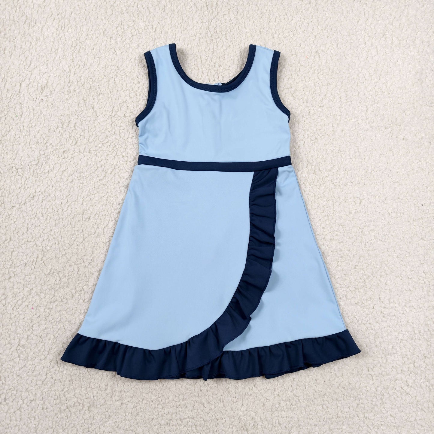 RTS NO MOQ Yoga GSD4126 Baby Girls Blue Navy Sleeveless Yoga Active Short Knee Length Dress