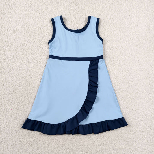 RTS NO MOQ Yoga GSD4126 Baby Girls Blue Navy Sleeveless Yoga Active Short Knee Length Dress