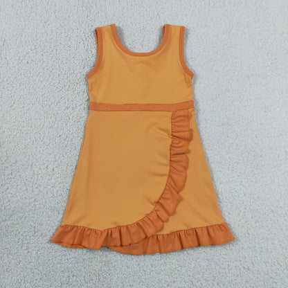 RTS NO MOQ Yoga GSD4127 Baby Girls Sleeveless Orange Yoga Active Short Ruffle Knee Length Dress