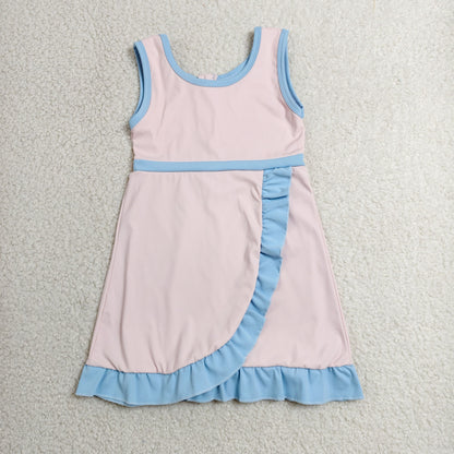 RTS NO MOQ Yoga GSD4129 Baby Girls Light Pink Blue Sleeveless Yoga Active Short Knee Length Dress