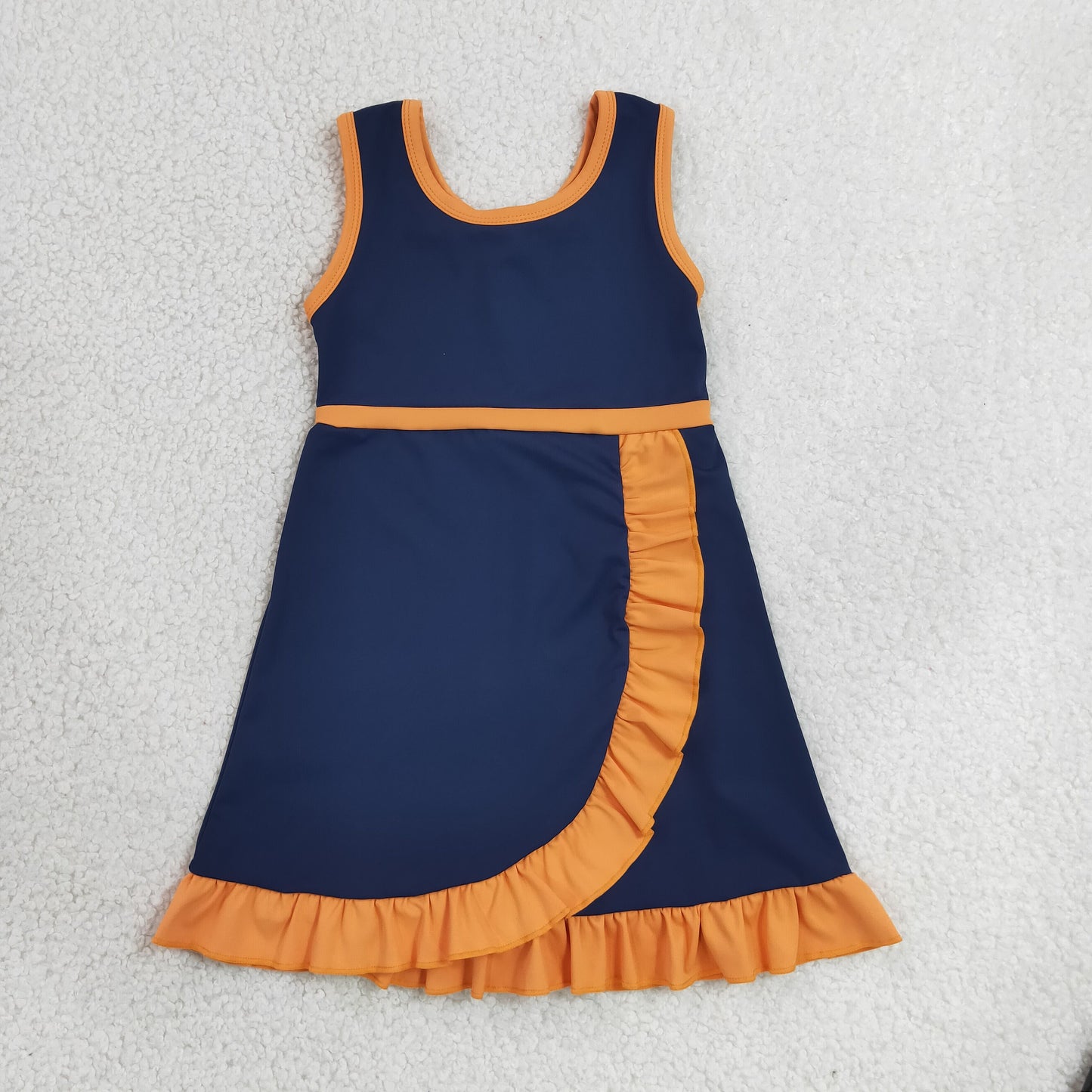 RTS NO MOQ Yoga GSD4131 Baby Girls Sleeveless Navy Orange Yoga Active Short Knee Length Dress