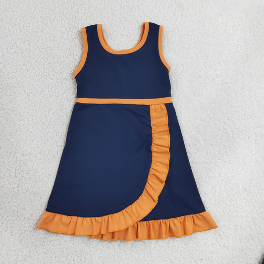 RTS NO MOQ Yoga GSD4131 Baby Girls Sleeveless Navy Orange Yoga Active Short Knee Length Dress