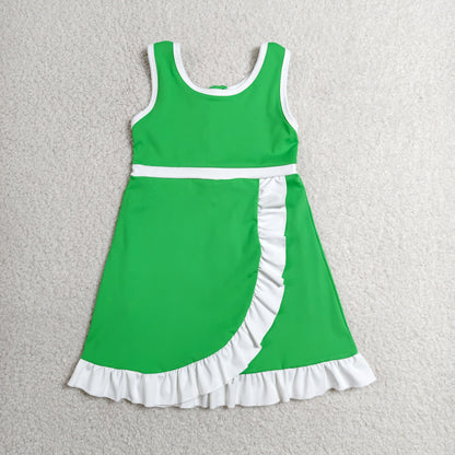 RTS NO MOQ Yoga GSD4143 Baby Girls Green White Sleeveless Yoga Active Short Knee Length Dress