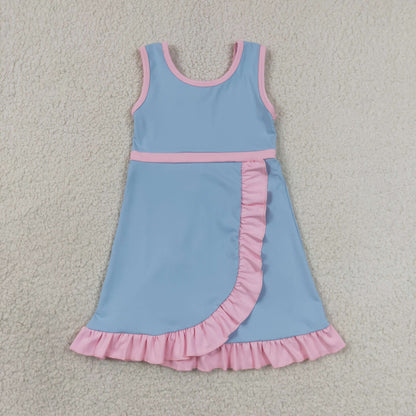 RTS NO MOQ Yoga GSD4144 Baby Girls Light Blue Pink Sleeveless Yoga Active Short Knee Length Dress