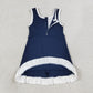 NEW RTS NO MOQ yoga fabric cotton GSD4145 Baby Girls Sleeveless Navy Blue Yoga Short Scallop Knee Length Dress