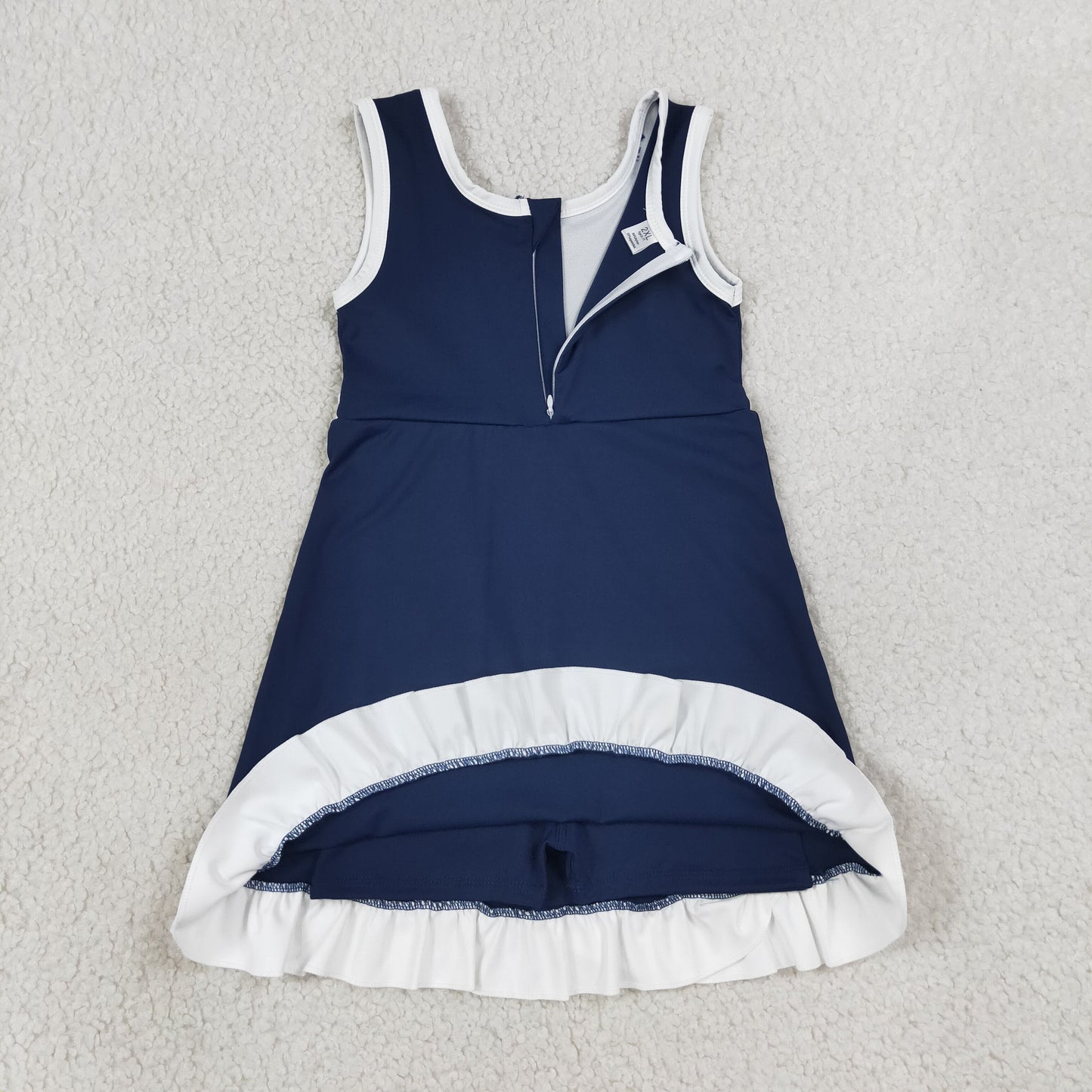 NEW RTS NO MOQ yoga fabric cotton GSD4145 Baby Girls Sleeveless Navy Blue Yoga Short Scallop Knee Length Dress