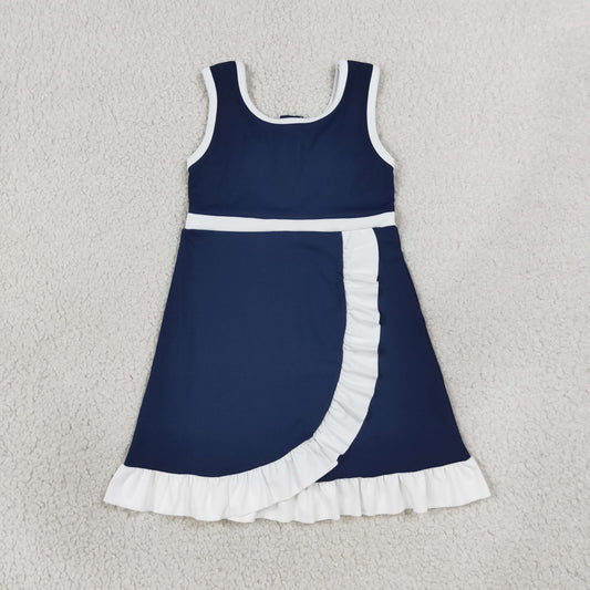 NEW RTS NO MOQ yoga fabric cotton GSD4145 Baby Girls Sleeveless Navy Blue Yoga Short Scallop Knee Length Dress