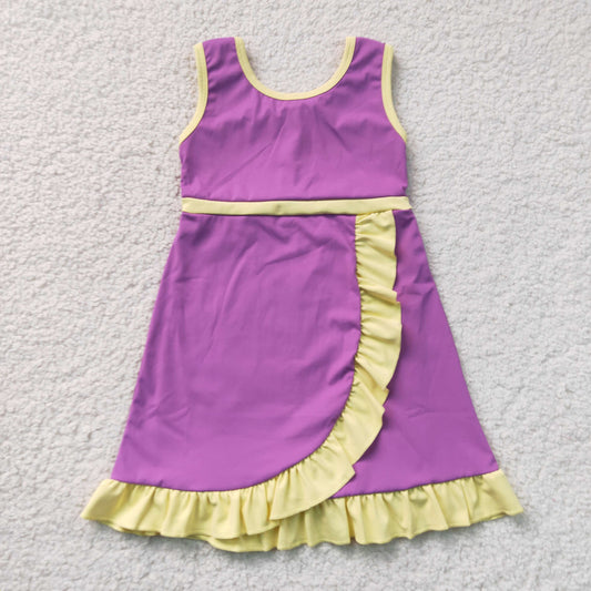 RTS NO MOQ yoga GSD4147 Baby Girls Sleeveless Purple Yellow Yoga Active Short Knee Length Dress