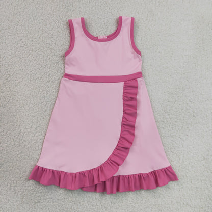 RTS NO MOQ Yoga GSD4152 Baby Girls Sleeveless Pink Yoga Active Short Ruffle Knee Length Dress